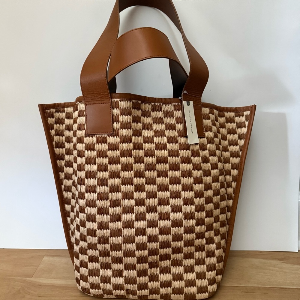 Anthropologie Raffia Checkered Angular Tote Bag NWT | Woven Straw Beach Tote